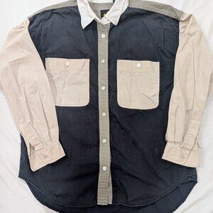 Mens VTG Y2K Lizsport Western Shirt Sz M Cotton Navy Gray Cream Retro Rare